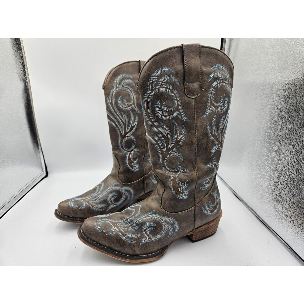 Roper Riley Womens Brown Snip Toe Embroidered Pull On Western Boots Size 10